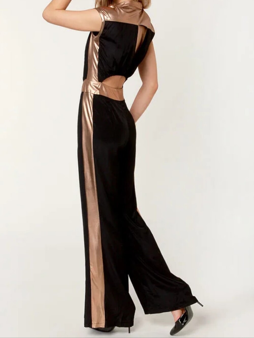 Do+Be Metallic Trim Black Wide-Leg Jumpsuit - Size Medium
